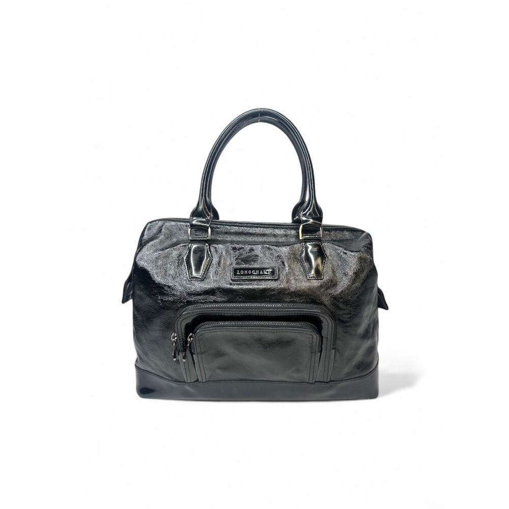 Longchamp Doctors Boston Patent Black Leather Shoulder Bag